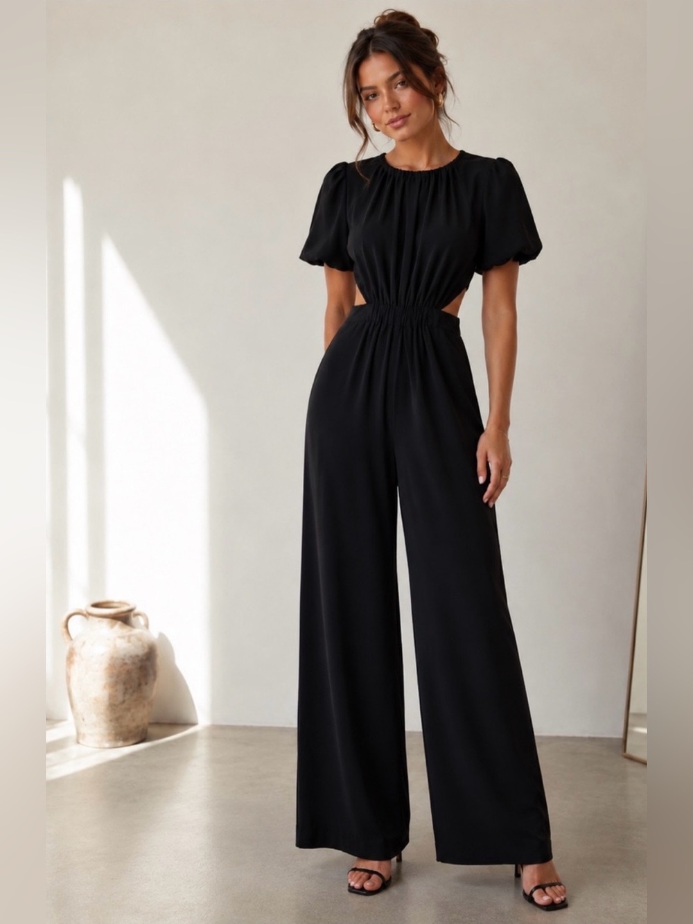 ANTONIO MELANI Black Puff-Sleeve Cutout Wide-Leg Jumpsuit